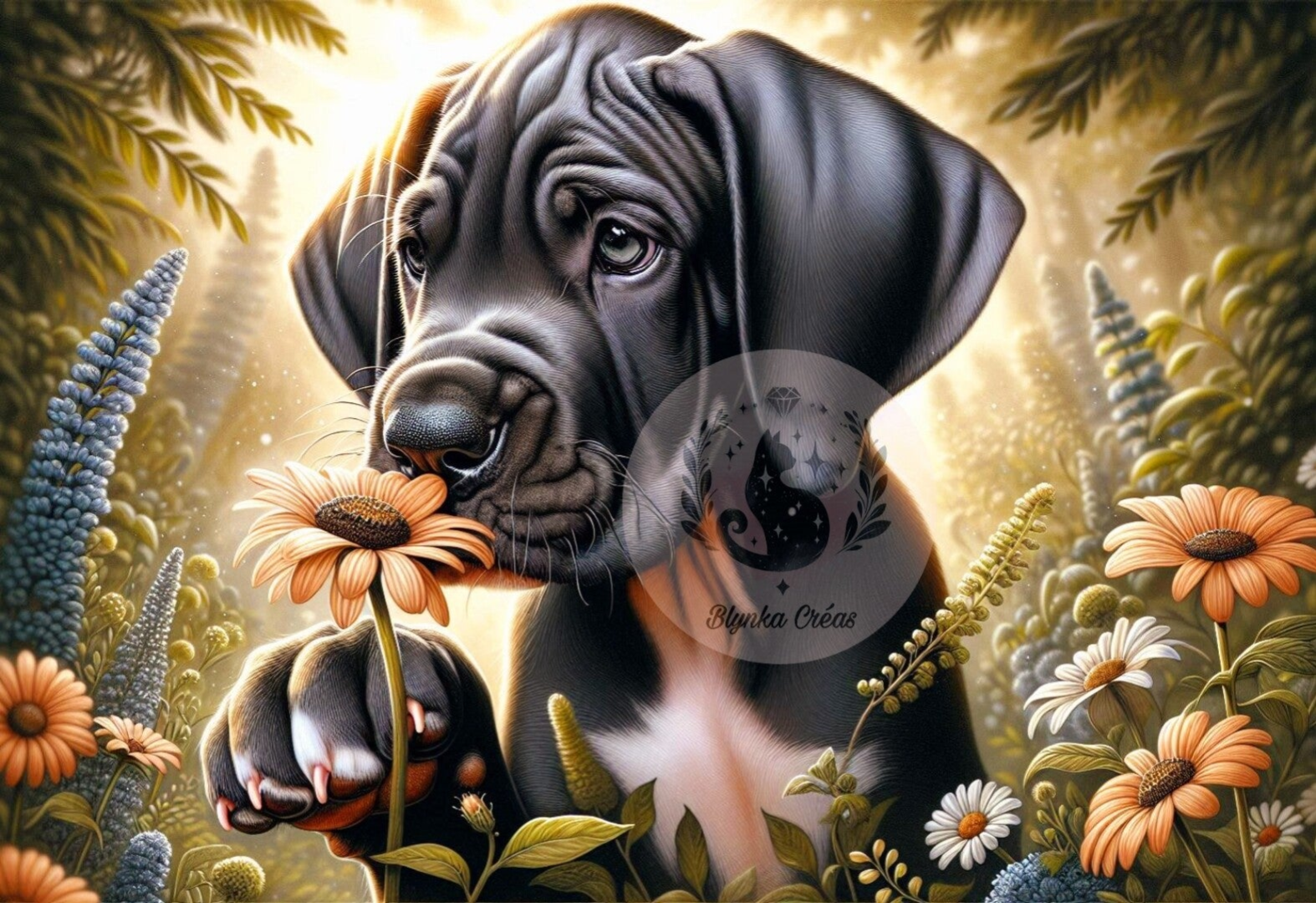 Fleurs et Chiot : L'Instant d'un Dogue Allemand de Lum'ia