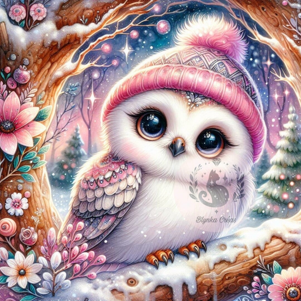 La Chouette Rose de la Forêt enneigée de Lum'ia
