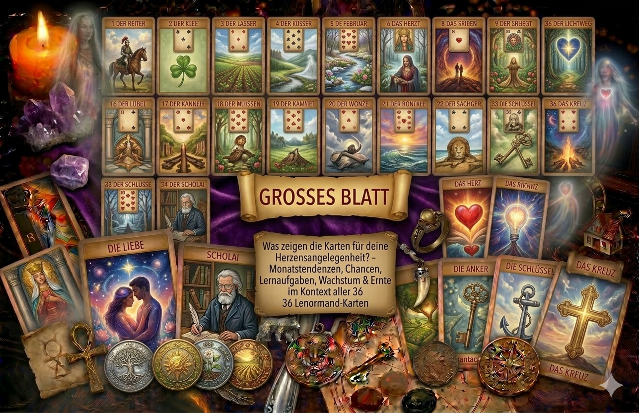Kartenlegung: Grosses Blatt mit Lenormandkarten & Tarot