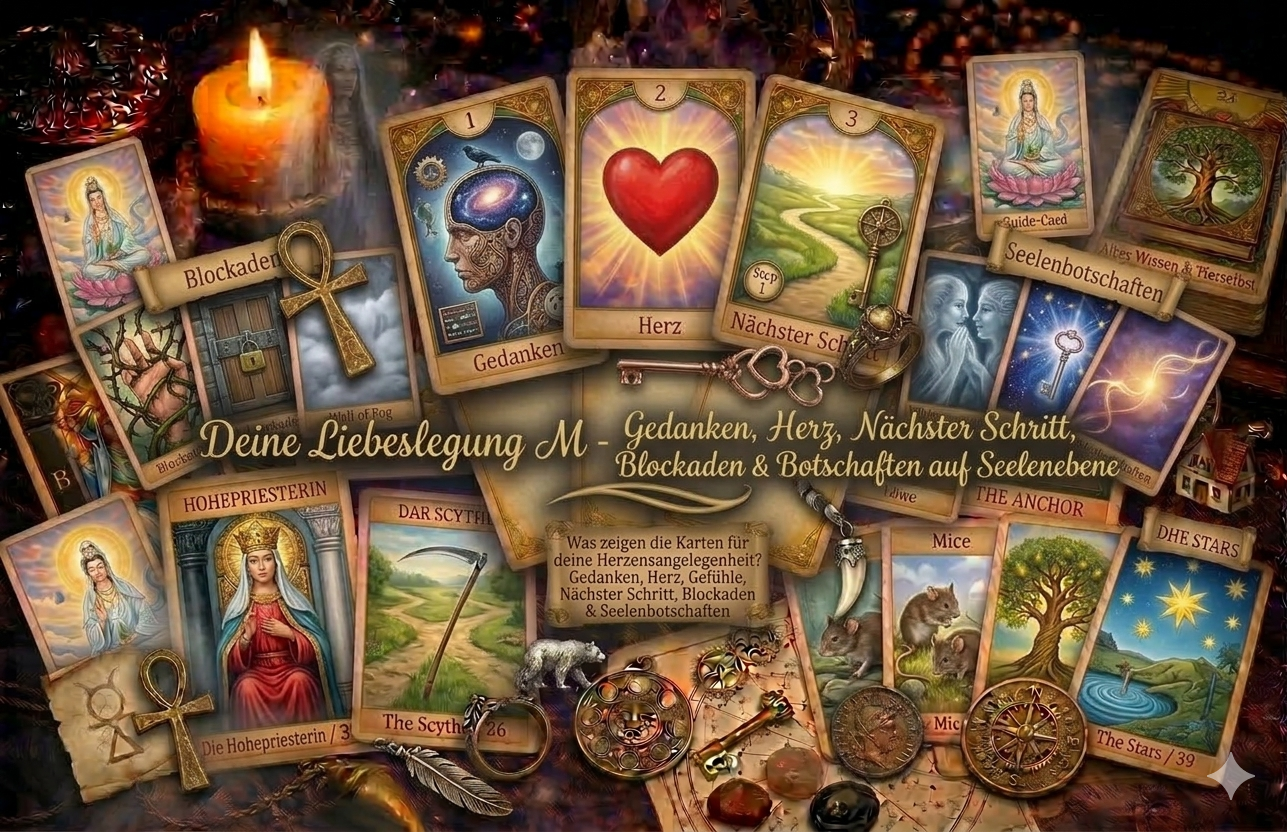 Kartenlegung: Liebeslegung M - Gedanken, Herz, Nächster Schritt, Blockaden und Botschaften auf Seelenebene