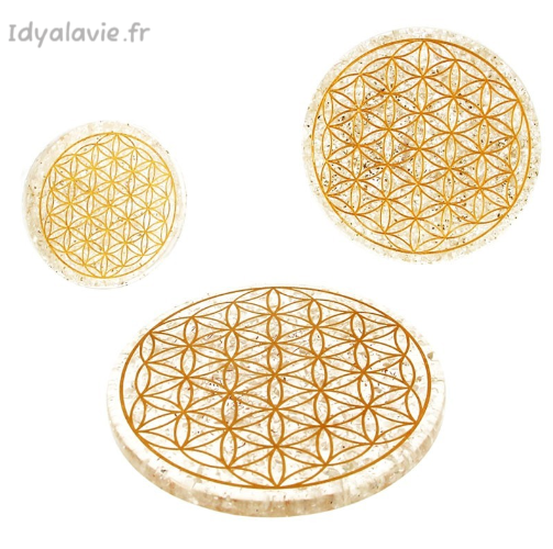 Orgonite plateau Cristal de roche Fleur de Vie 11cm