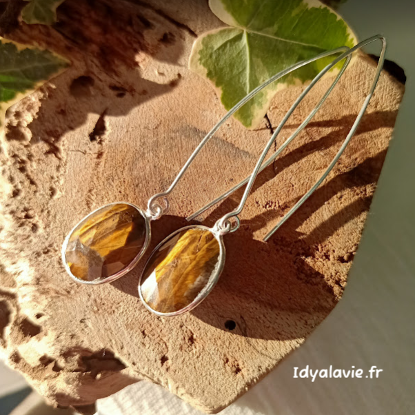 Boucles d'oreilles Œil de tigre laiton argenté