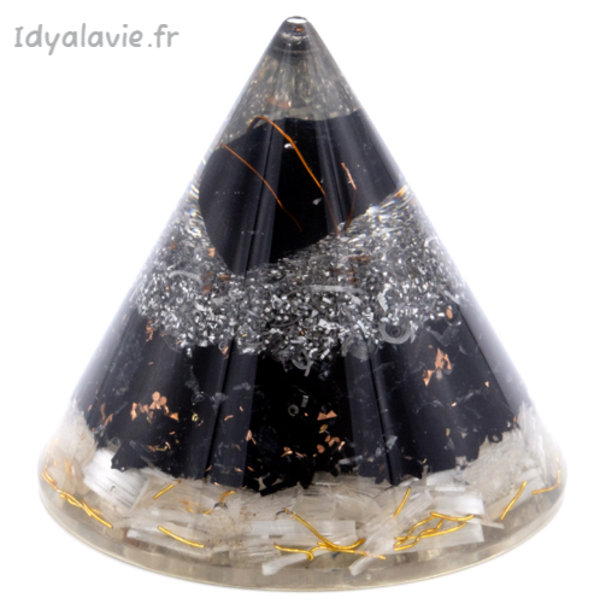 Orgonite cône sélénite et tourmaline