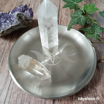 Assiette d'offrandes en métal triple lune argentée