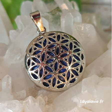 Pendentif Fleur de Vie métal Lapis Lazuli