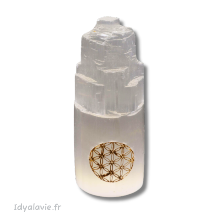 Monolithe Sélénite gravée Fleur de Vie 10 cm