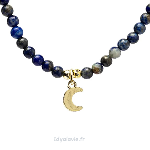 Collier ajustable Lapis-lazuli avec pendentif lune
