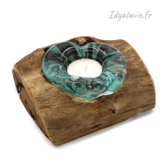 Bougeoir en verre fondu sur bois