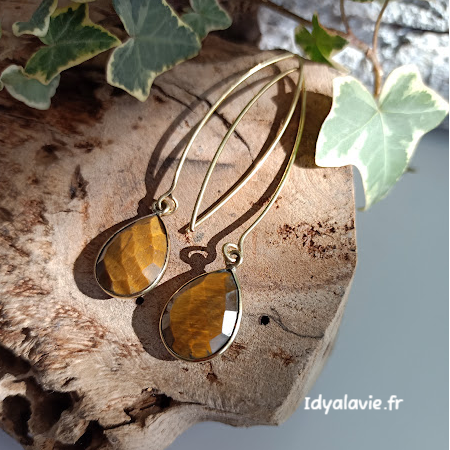 Boucles d'oreilles gouttes Œil de tigre laiton doré
