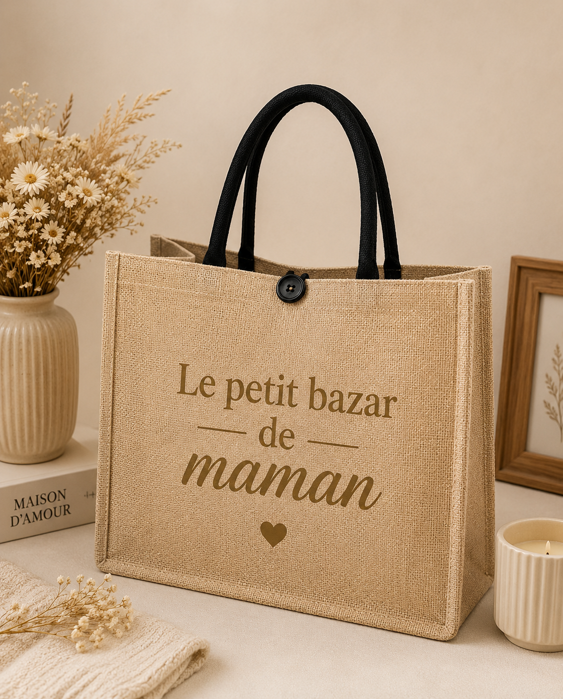 Sac fourre-tout en lin kaki 34x13x31cm