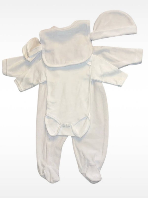 Ensemble 5 pièces 100 % coton, pyjama, body, bavoir, moufles, bonnet