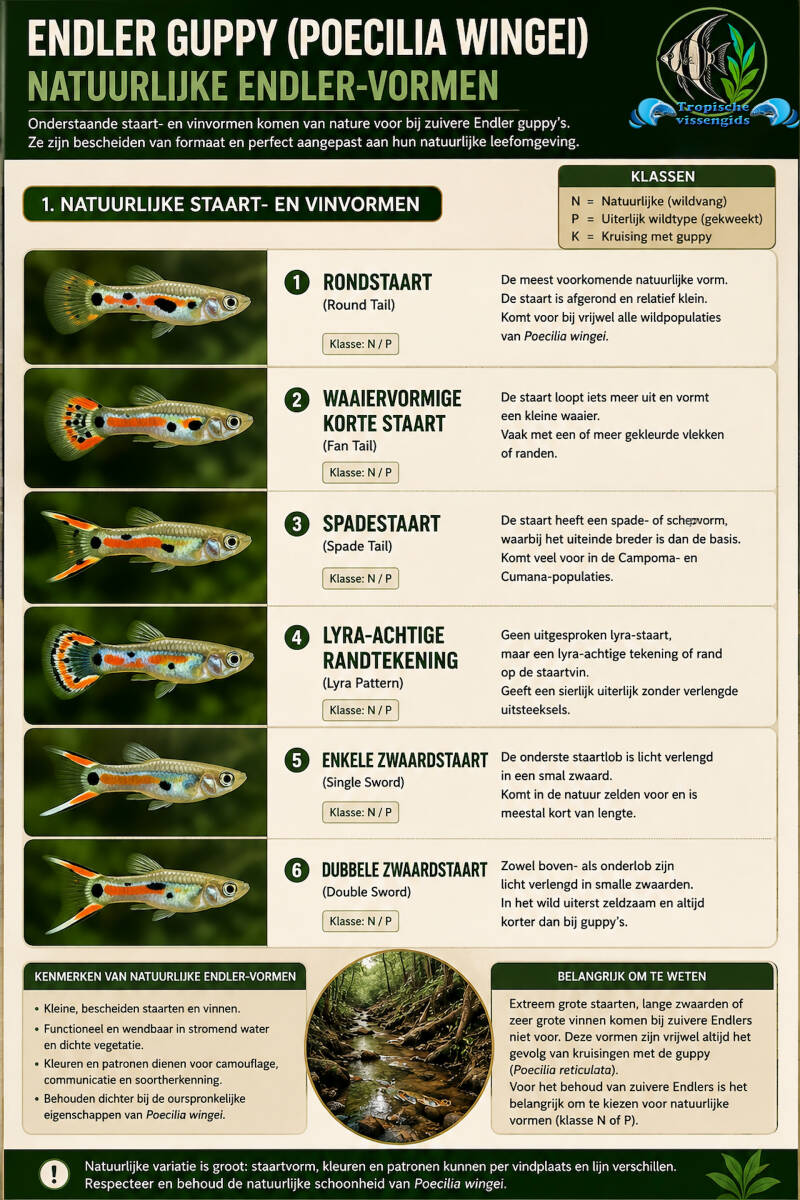 Deze poster laat Endlers zien met natuurlijke staart- en vinvormen (N/P-klasse).