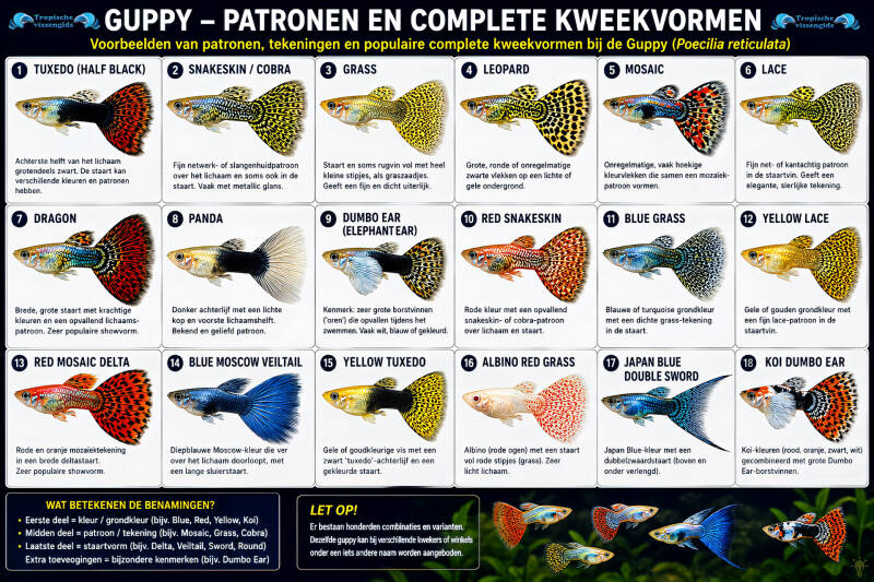 Patronen en complete kweekvormen van het Guppy.