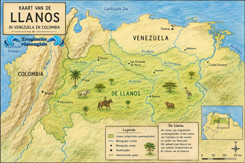 Kaart de Llanos in Venezuela en Colombia.