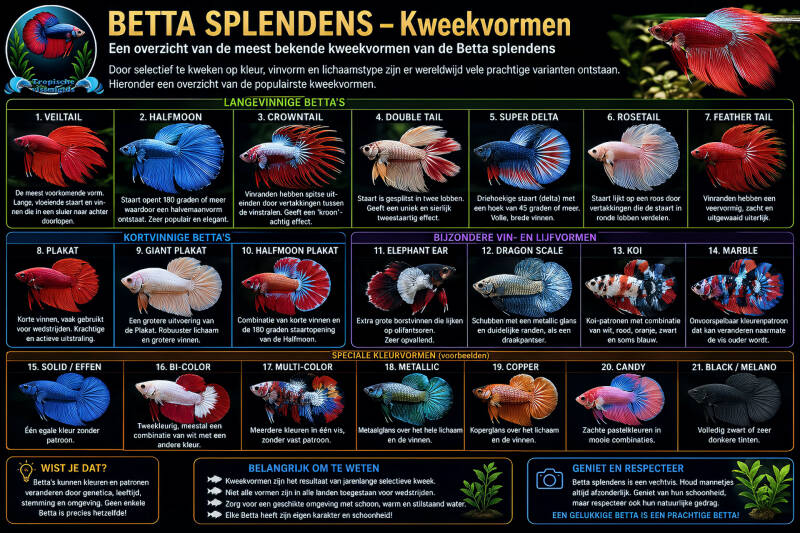 Meest bekende kweekvormen van de Betta splendens.