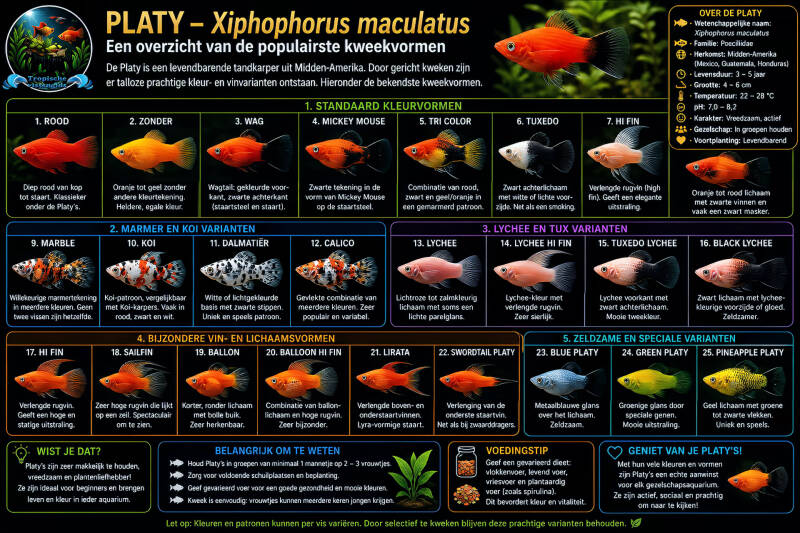 Een overzicht van de populairste kweekvormen van de Platy.