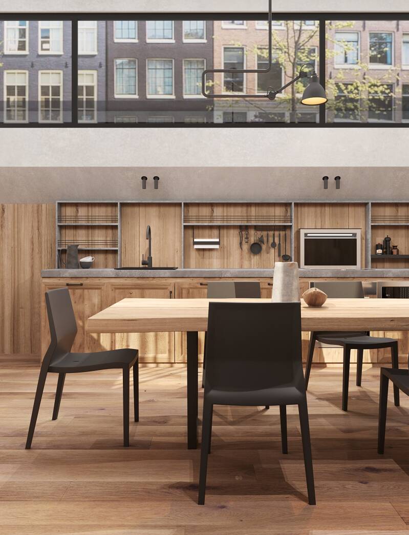 Leefruimte op een boot, met een keuken aangaspast aan een schip.