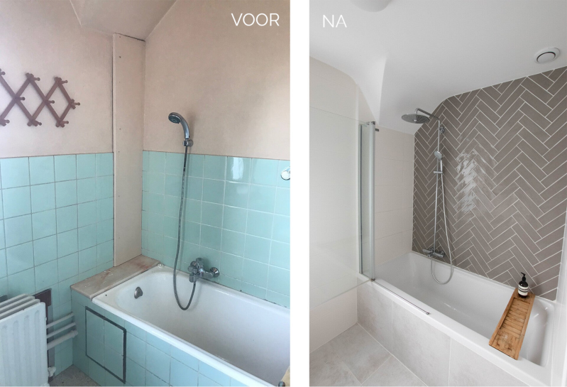 Badkamerrenovatie met regendouche en visgraat tegels