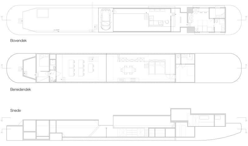 Plan van schip met leefruimte, keuken, badkamer en slaapcapsules 