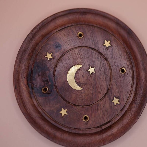 Small Wooden Incense Burner Plate - Moon & Star Inlay
