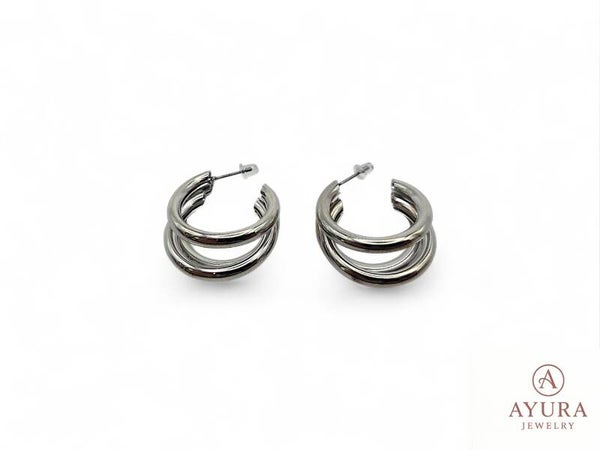 Set van 2 damesoorbellen – Roestvrij staal, zilver & goudkleurig met 3 ringen