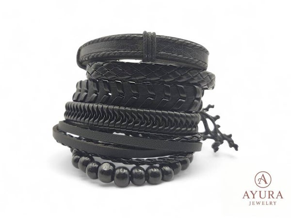 Set van 6 heren armbanden – leer en kralen, verstelbaar, in zwart of bruin