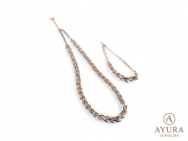 Dames sieradenset 'Mandra' – RVS ketting & armband met zirkonia bladvormige schakels (roségoud of zilver)