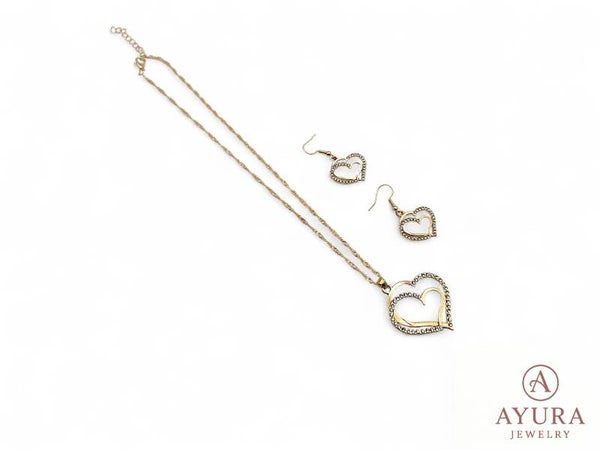 Dames sieradenset 'Venus' – RVS ketting & oorbellen met dubbele hartjes en zirkonia (goud of zilverkleurig)