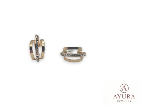 Dames oorbellen ‘Andes’ – goudkleurig RVS met drievoudige ring en zirkonia