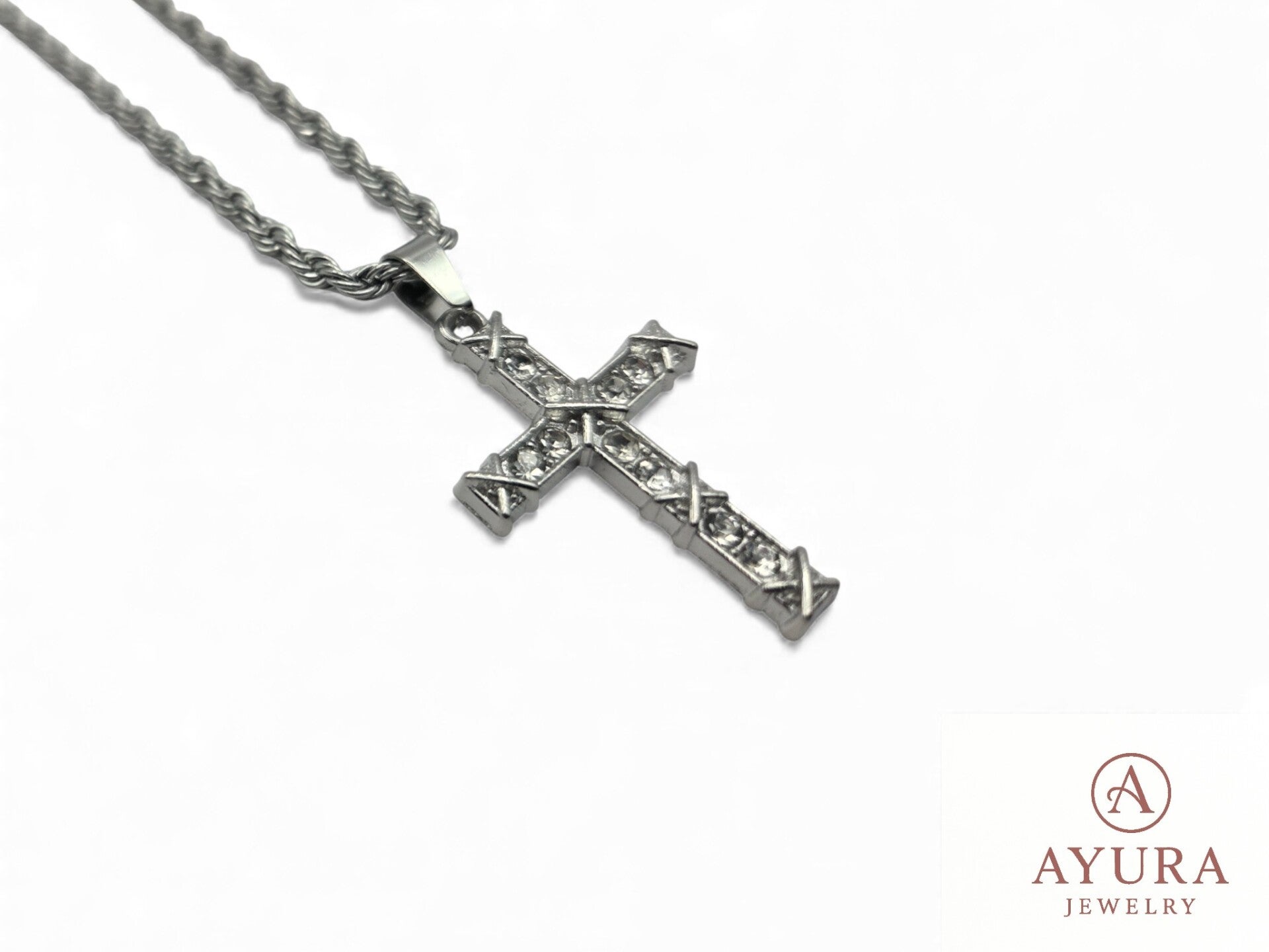 Herenketting 'Rio' met Kruis van RVS en zirkonia – Gedraaide Schakel 50 cm