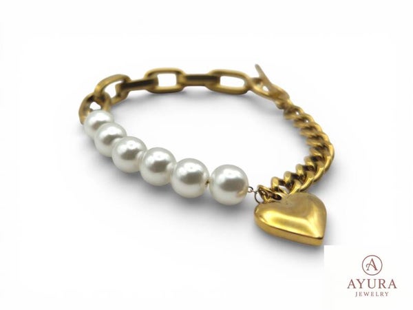 Parel Armband Dames ‘Perla’ – RVS Goud met Hart Bedel 19 cm