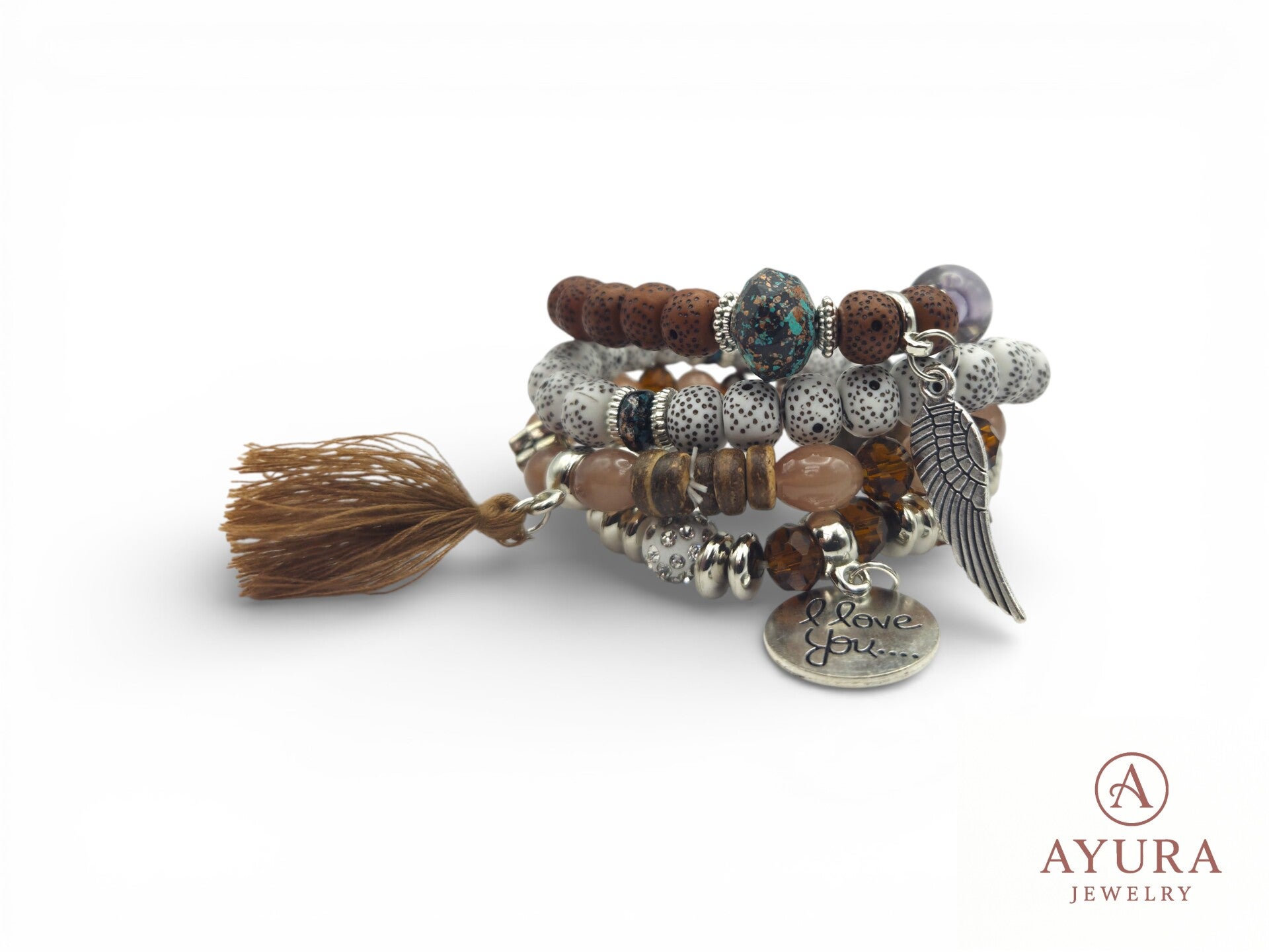 Bohemian Armbanden Set Dames – Wit Bruin met RVS Bedels & Kwastje