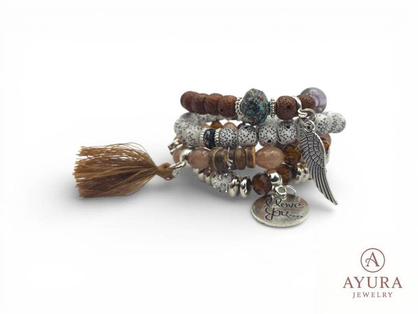Bohemian Armbanden Set Dames – Wit Bruin met RVS Bedels & Kwastje
