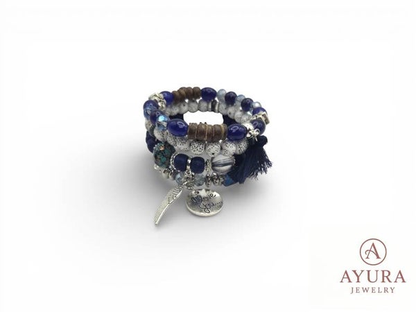 Bohemian Armbanden Set Dames – Donkerblauw Wit met RVS Bedels & Kwastje