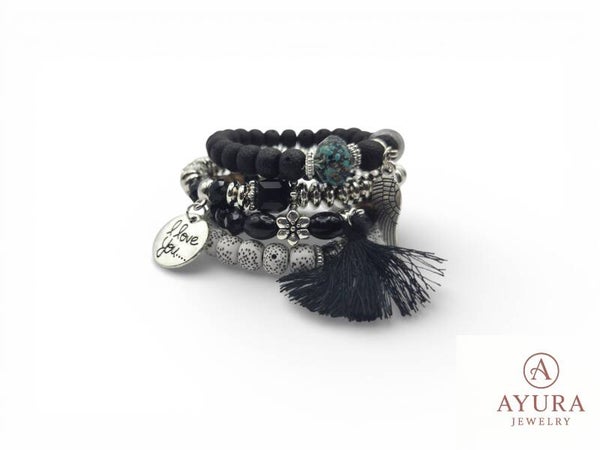 Bohemian Armbanden Set Dames – Zwart Wit met RVS Bedels & Kwastje