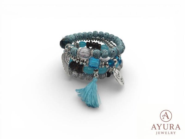 Bohemian Armbanden Set Dames – Turquoise Wit met RVS Bedels & Kwastje