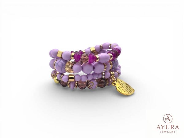 Bohemian Armbanden Set Dames – Paars & Lila met Gouden Accenten & Hart Bedel