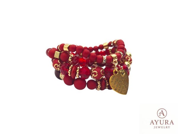 Bohemian Armbanden Set Dames – Rood met Gouden Accenten & Hart Bedel