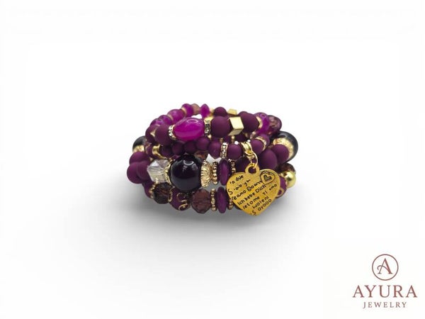 Bohemian Armbanden Set Dames – Donkerpaars met Gouden Accenten & Hart Bedel