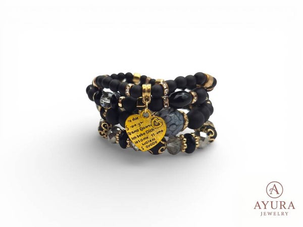 Bohemian Armbanden Set Dames – Zwart met Gouden Accenten & Hart Bedel