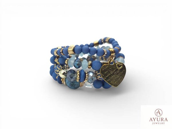 Bohemian Armbanden Set Dames – Lichtblauw met Gouden Accenten & Hart Bedel