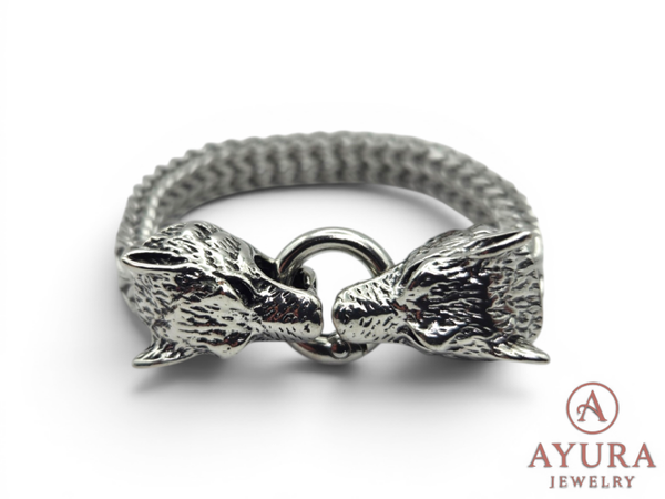 Heren armband 'Wolf' – zilverkleurige RVS armband met dubbele wolvenkop