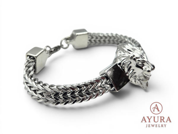 Heren armband 'Lion' – zilverkleurige RVS armband met leeuwenkop