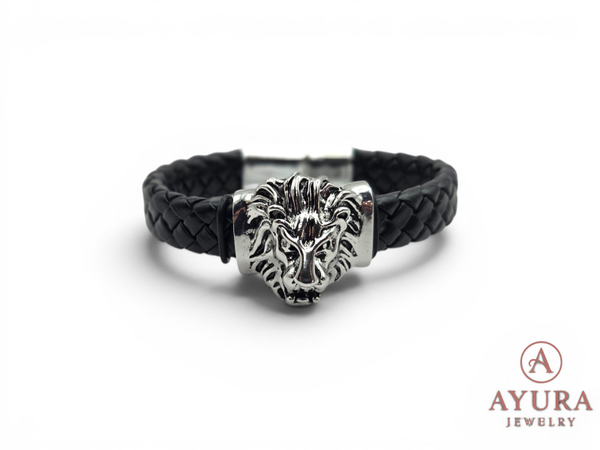 Leren heren armband 'Leather Lion' – gevlochten leer met RVS leeuwenkop