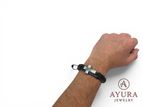 Heren armband 'Babylon' – leren armband met vintage zilverkleurig RVS kruis