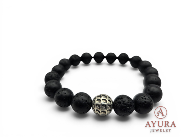 Heren armband 'Obsidian' – lavasteen kralen met RVS accentkraal