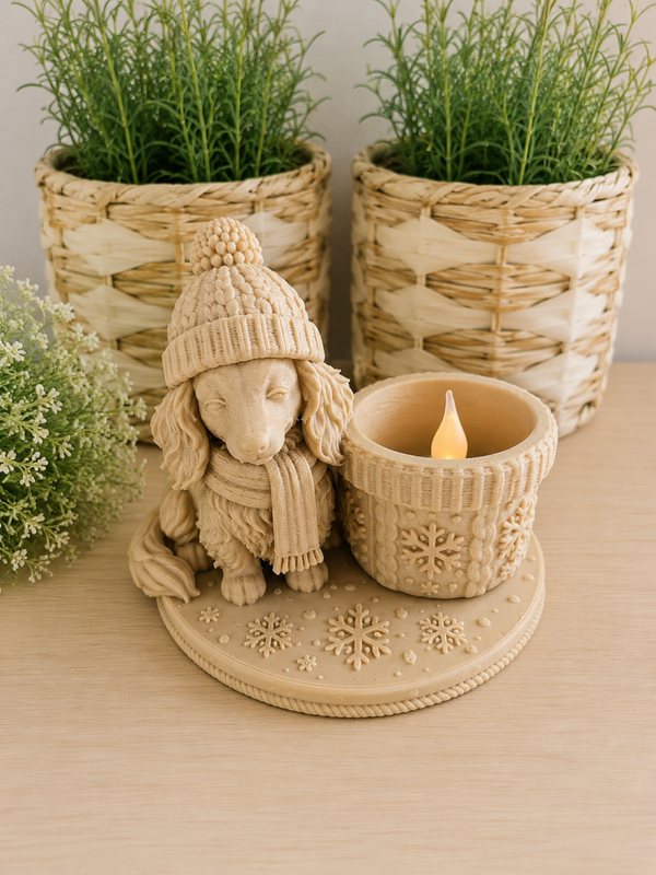 Langharige teckel winterstyle waxinelichthouder