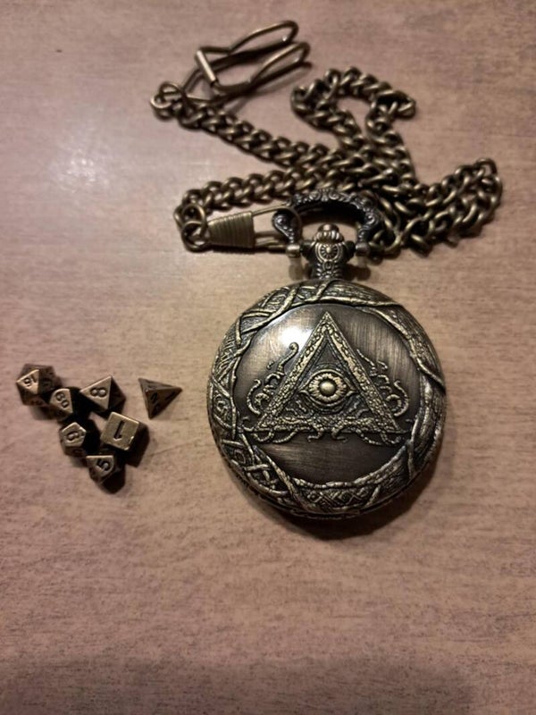 All Seeing eye Pocket watch dice holder with metal mini dice