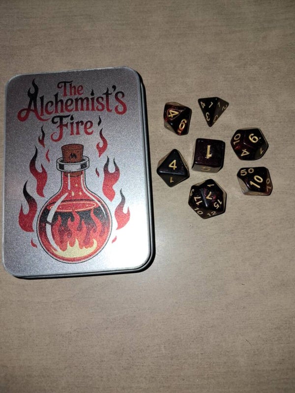 The Alchemist Fire dice box with red d&d dice