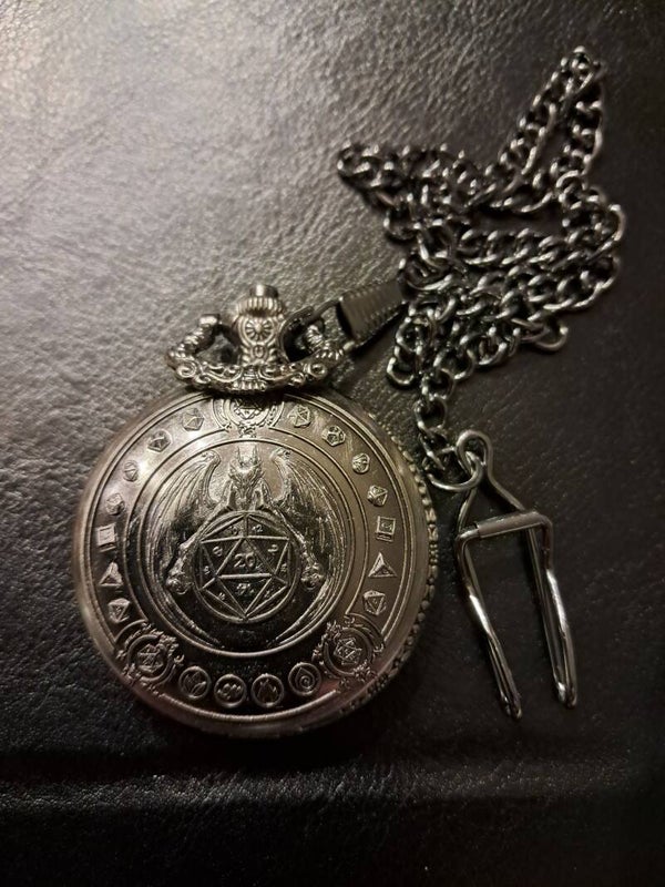 Pocket watch dice holder with mini metal d&d dice Big D20 dragon